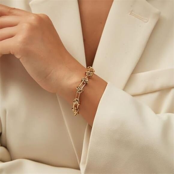 18K Gold Knot Link Chain Bracelet – Chunky Gold Plated Bracelet for Women - Picture 6 of 7